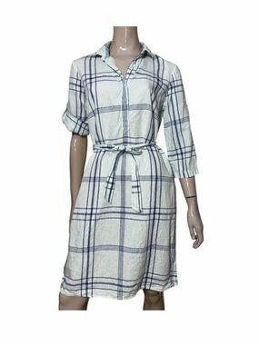 J. McLaughlin Cream and Navy Plaid Shirt Dress